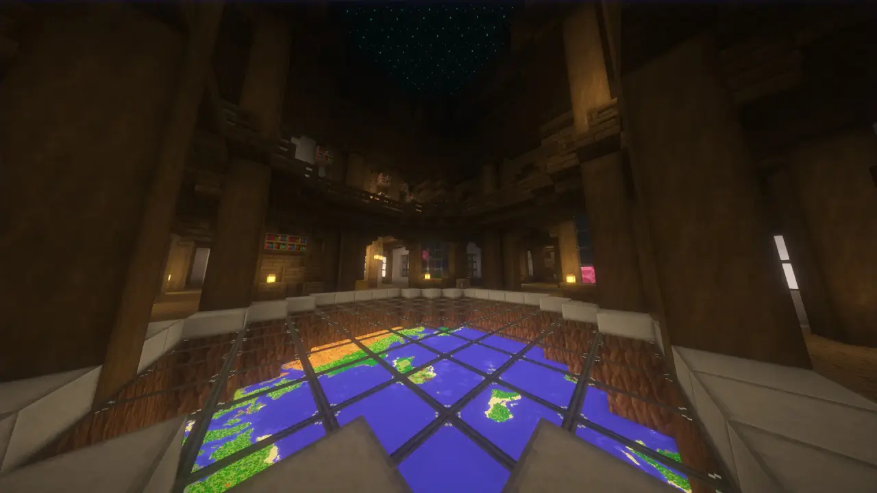 Vista interior de una base de inicio en montaña en Minecraft, con áreas de almacenamiento y estaciones de trabajo.