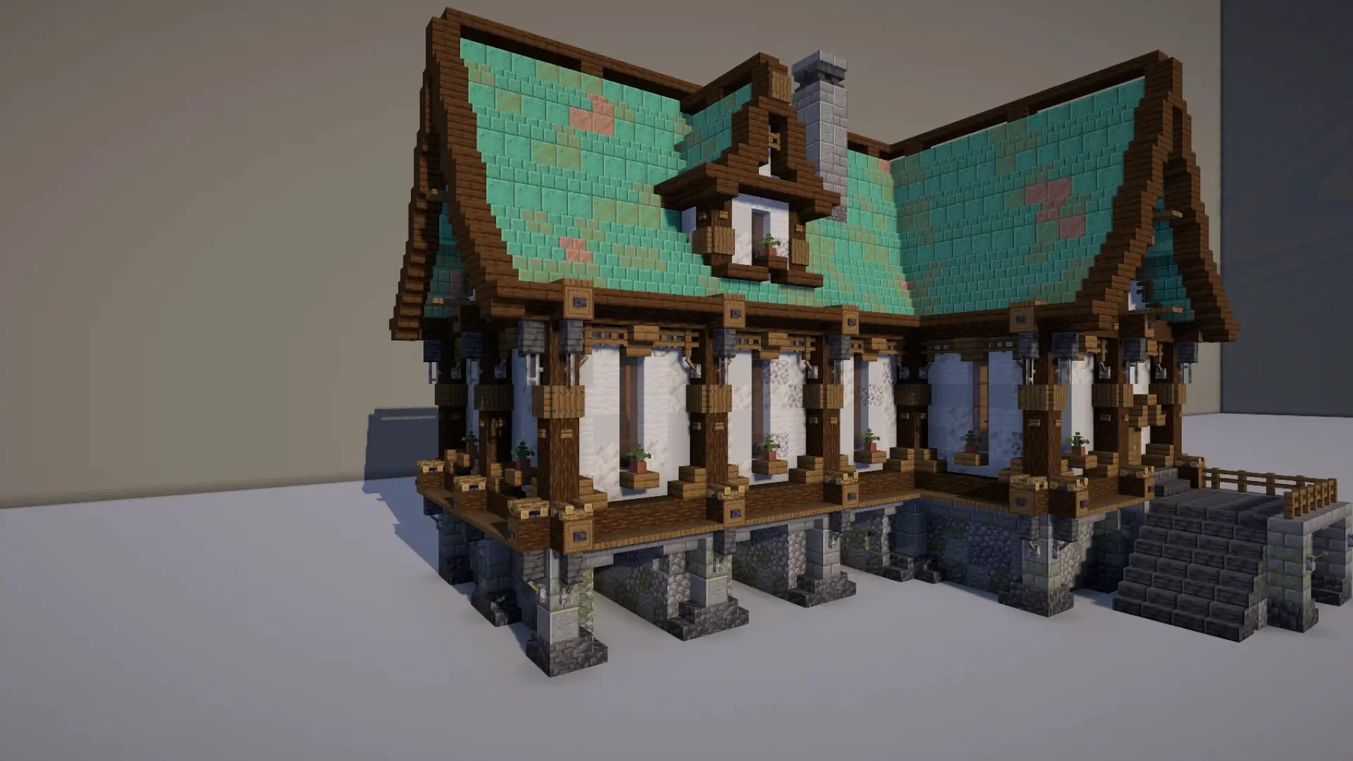 Casa medieval elevada en Minecraft con tejado verde azulado y detalles de madera.