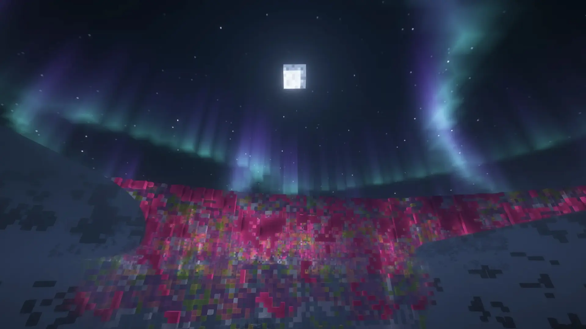 Imagen de una aurora boreal en Minecraft, mostrando una impresionante exhibición de colores vibrantes y efectos luminosos en el cielo nocturno del juego.