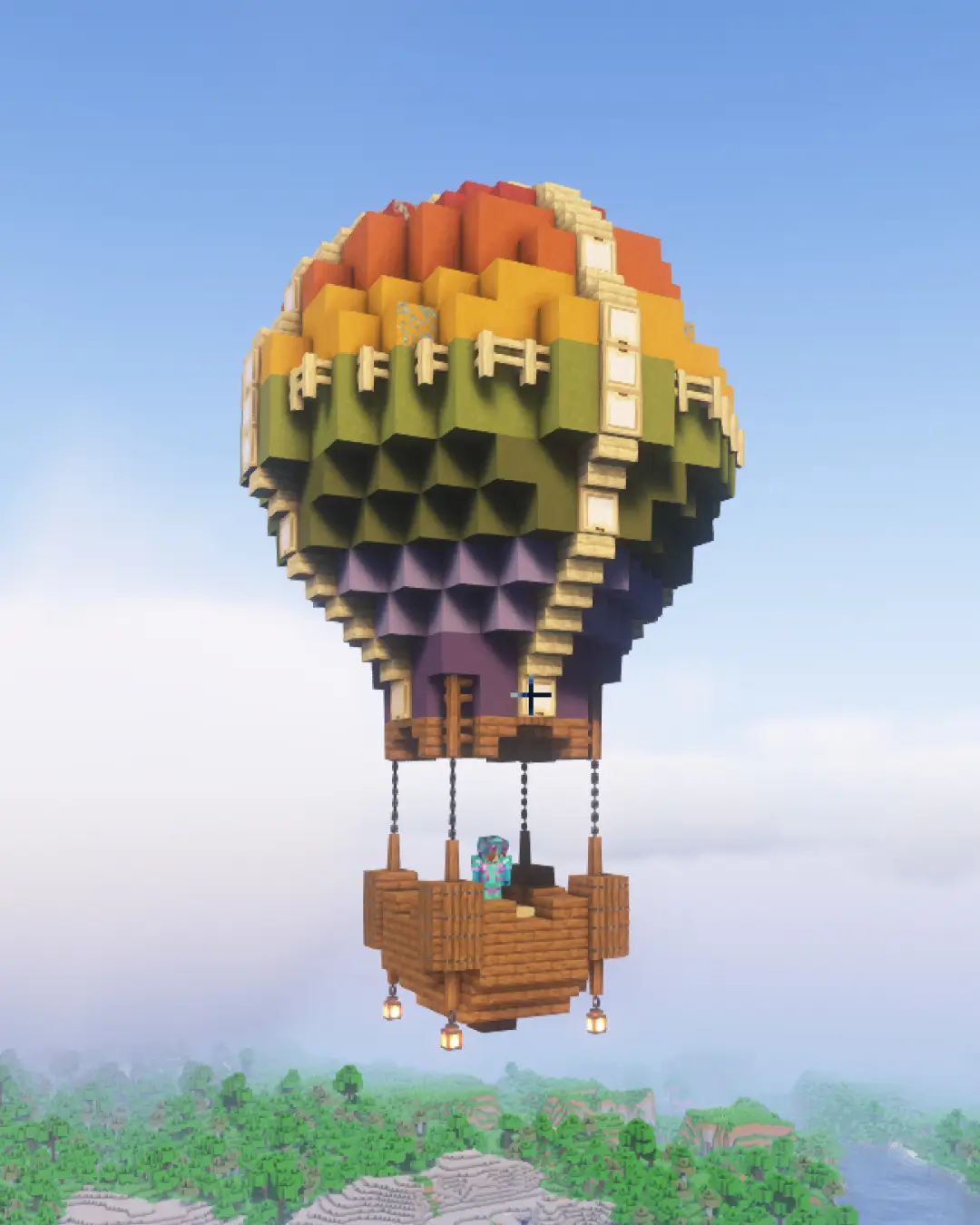 Vista exterior de una plataforma AFK en Minecraft con diseño de globo aerostático.