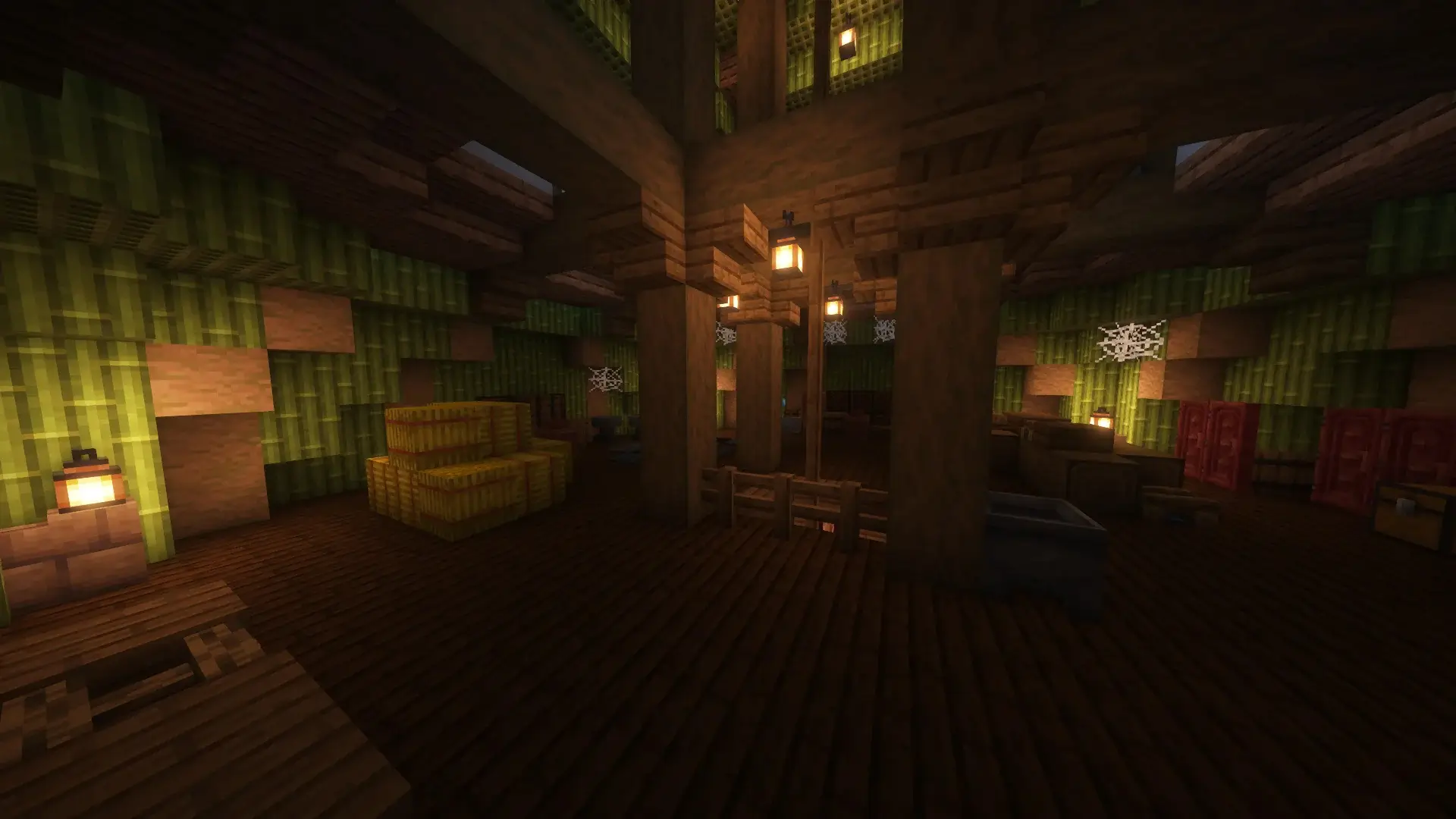 Interior de Posada medieval en Minecraft con un techo inclinado, una torre redonda y un entorno natural exuberante.